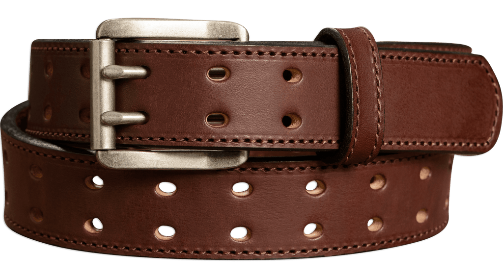 Men's Brown Stitched Leather Belt with Double Prong Buckle 1.50