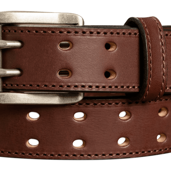 Men's Brown Stitched Leather Belt with Double Prong Buckle