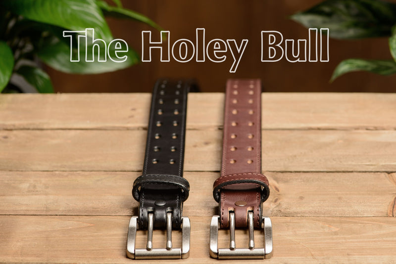 The Holey Bull: Black Stitched Double Prong Max Thick 1.50" - Amish Made Belts