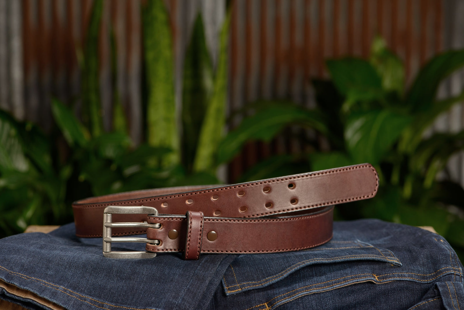 Chagrin brown leather double belt Double Prong Full Grain Veg Tan Leather Belt | Gaucho Ninja main image 3