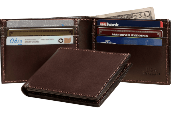 Brown Premium Leather 6 Card Slot Bifold Wallet - Amish Made Belts