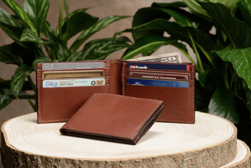 Medium Brown Premium Leather 6 Card Slot Bifold Wallet - Amish Made Belts