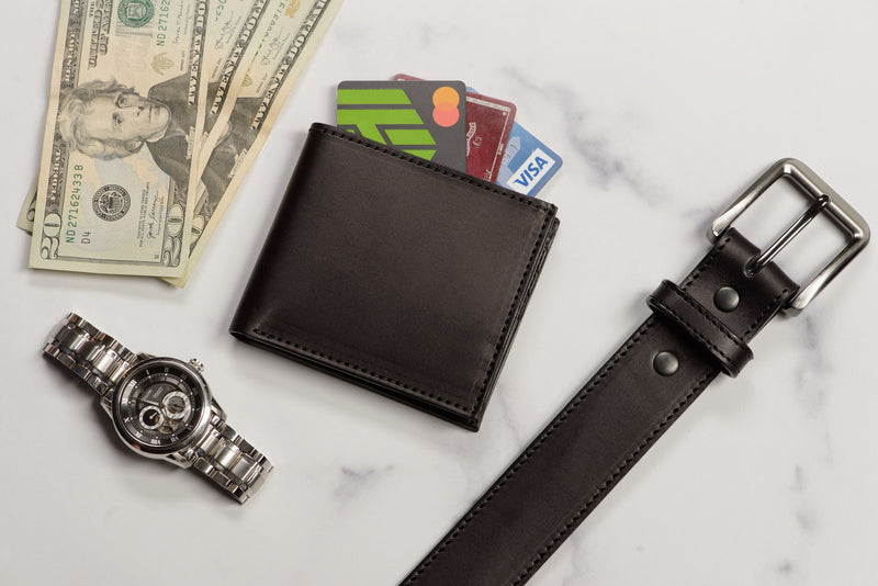 Black Premium Leather 8 Card Slot Bifold Wallet - Amish Made Belts
