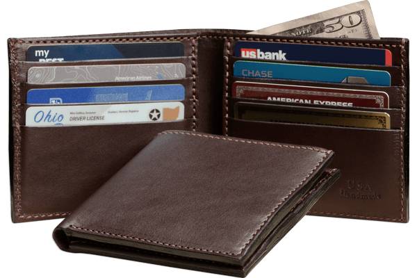 Brown Premium Leather 8 Card Slot Bifold Wallet - Amish Made Belts