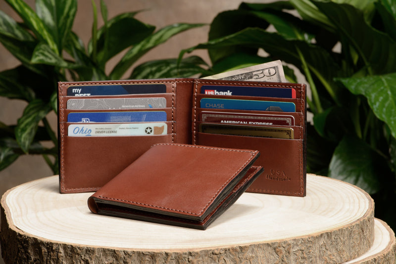 Medium Brown Premium Leather 8 Card Slot Bifold Wallet - Amish Made Belts