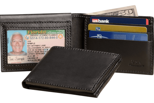 Black Premium Leather Bifold Wallet With Flip Up ID Window - Amish Made Belts