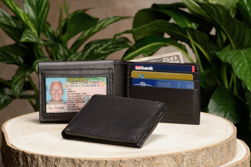 Black Premium Leather Bifold Wallet With Flip Up ID Window - Amish Made Belts