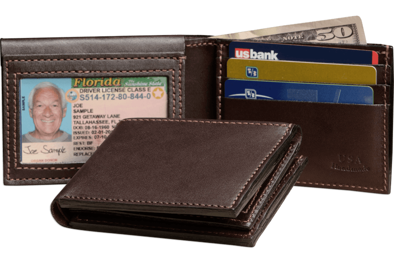 Brown Premium Leather Bifold Wallet With Flip Up ID Window - Amish Made Belts