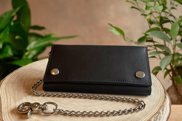 Black Premium Leather Biker Chain Wallet With ID Window - Amish Made Belts