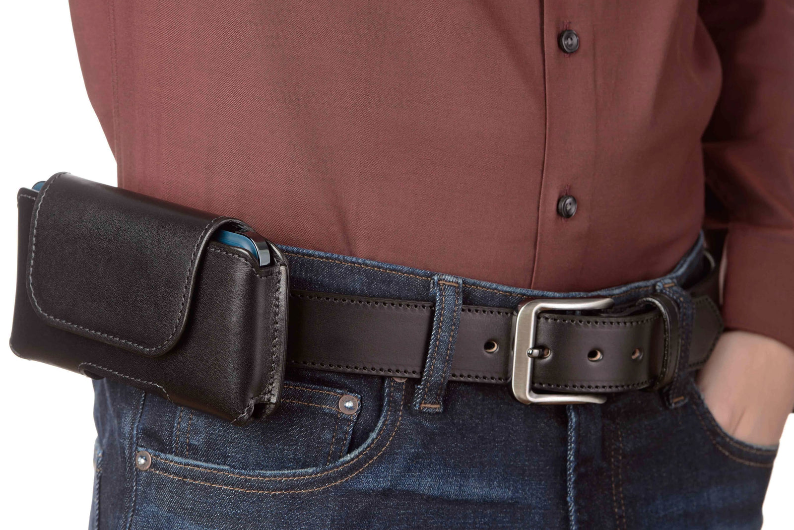 Men's Black Deluxe Leather Horizontal Cellphone Holster Case