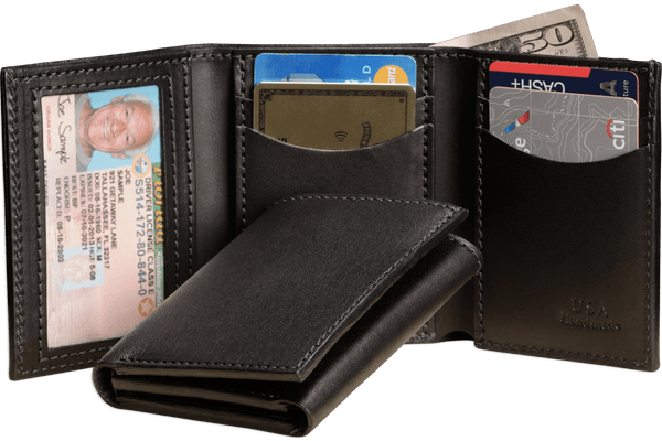 Men's Real Leather Slim Tri-Fold Card Wallet - Black, With Photo & ID Holder