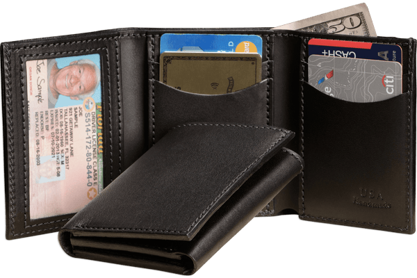 Black Premium Leather Trifold Wallet With ID Window - Amish Made Belts