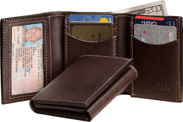 Brown Premium Leather Trifold Wallet With ID Window - Amish Made Belts