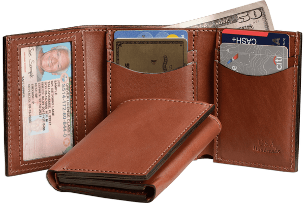 Medium Brown Premium Leather Trifold Wallet With ID Window - Amish Made Belts