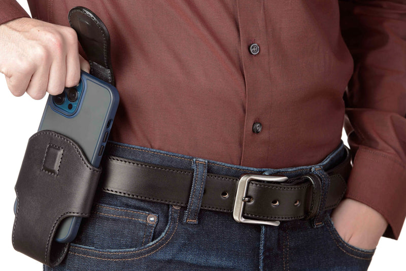 Black Leather Vertical Cellphone Holster Case - Amish Made Belts
